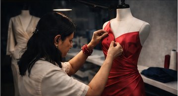 Fitting a red dress on a mannequin