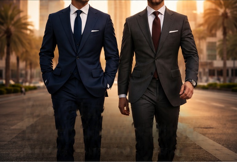 Two men in tailored suits walking outdoors