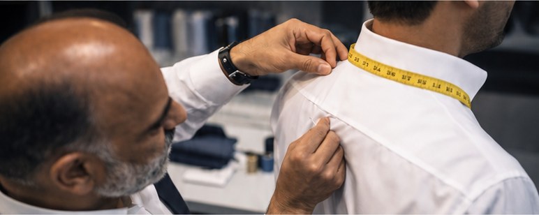A tailor measuring across the shoulders of a white shirt